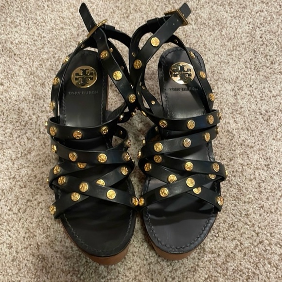 Tory Burch Shoes - Tory Burch Black Sandals with Gold Studs, size 7, Like New